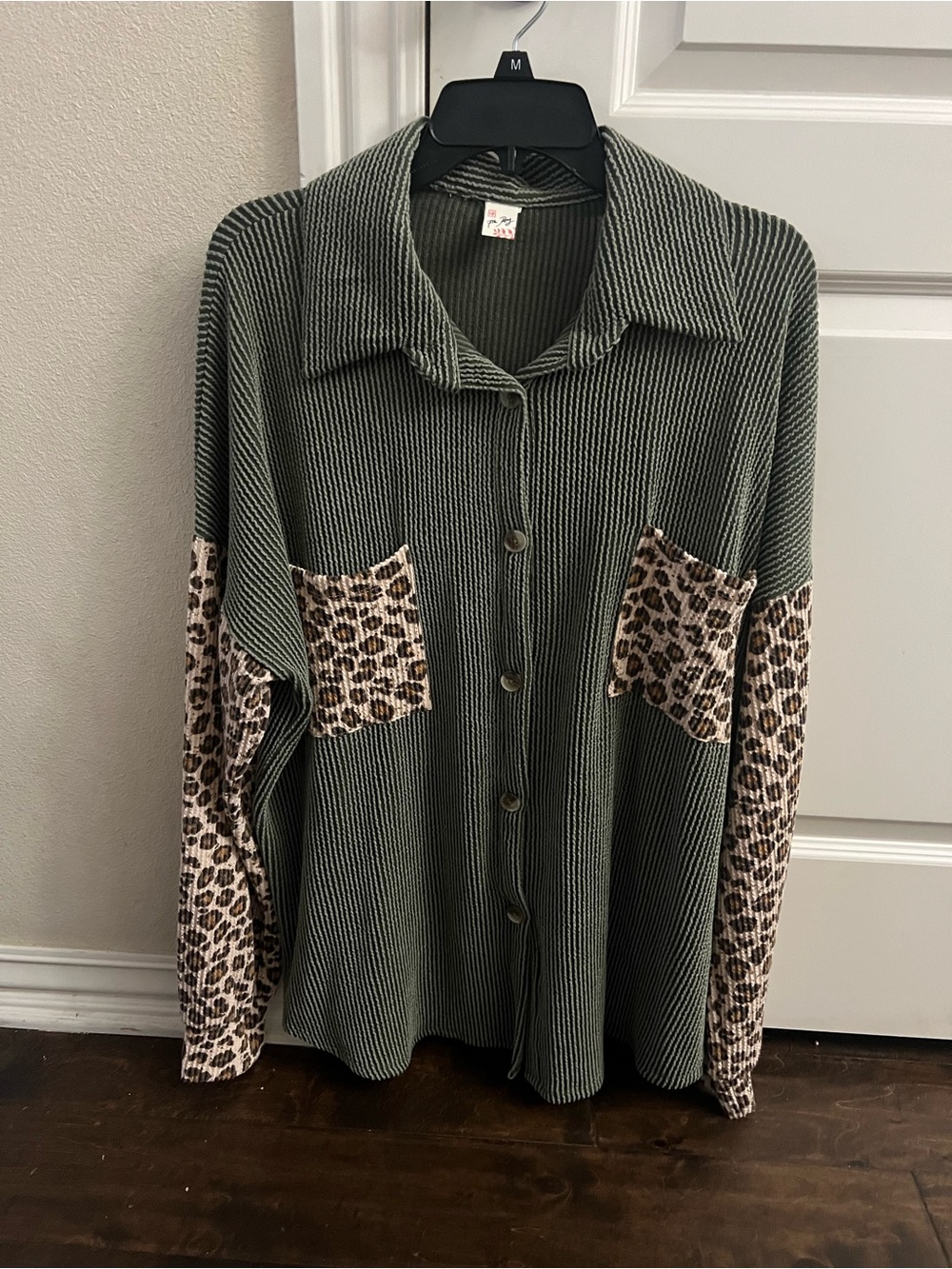 7th Ray Olive Ribbed Knit Cardigan with Subtle Stripe Trim